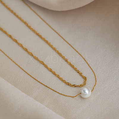 304 Stainless Steel Double Layer Necklaces with White Round Faux Pearl Pendants for Women KQ2558-1