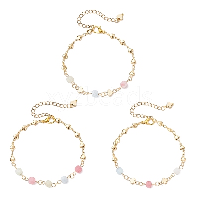 3Pcs Natural Morganite & Brass Beads Link Chain Bracelets for Women BJEW-JB12595-1