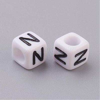 White Letter N Acrylic Cube Beads X-PL37C9308-N-1