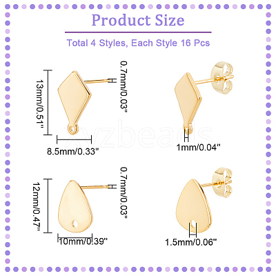 64Pcs 4 Sryle 201 Stainless Steel Stud Earring Findings STAS-DC0011-34-1