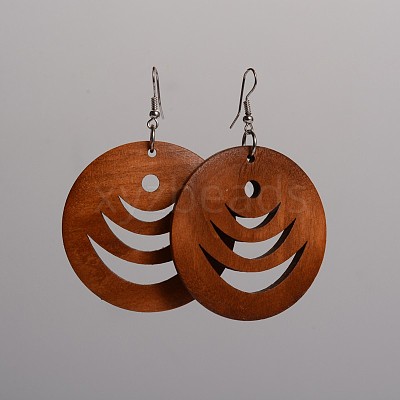 Flat Round Hollow Wood Dangle Earrings EJEW-F0090-03F-1