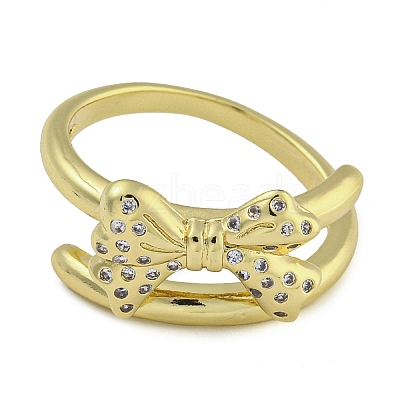 Bowknot Brass Micro Pave Clear Cubic Zirconia Open Cuff Double Rings RJEW-Z046-04G-02-1