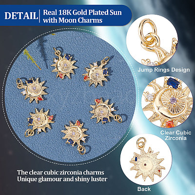 10Pcs Sun with Moon Brass Micro Pave Colorful Cubic Zirconia Pendants KK-BBC0004-16-1