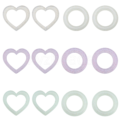 12Pcs 6 Style Heart/Ring Glitter Silicone Beads SIL-CA0002-82-1