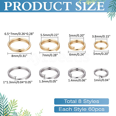 480Pcs 8 Styles 304 Stainless Steel Split Rings STAS-ME0002-62-1