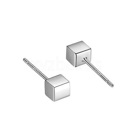 Anti-Tarnish Rhodium Plated Cube 999 Sterling Silver Stud Earrings for Women EJEW-S215-09P-1