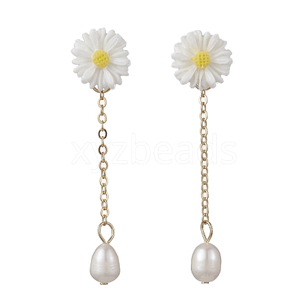 Natural Pearl & Resin Sunflower Dangle Stud Earrings EJEW-JE05692-01-1