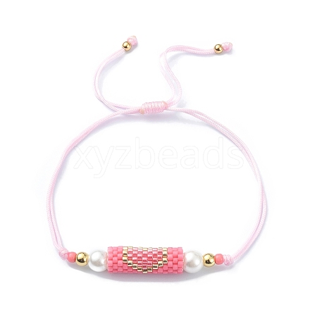 Glass Pearl & Seed Column with Heart Link Bracelet BJEW-MZ00028-01-1