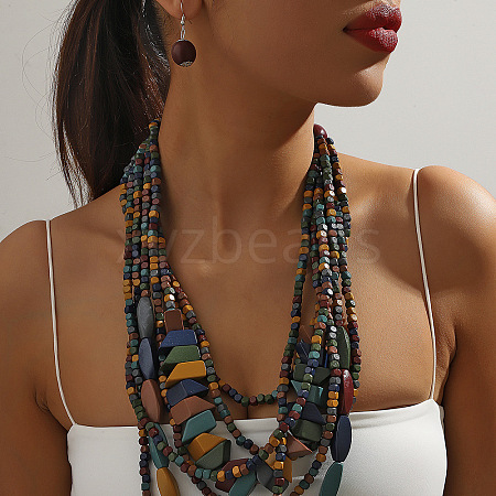 Bohemian Style Wood Beaded Multilayer Necklaces & Dangle Earrings Sets WG33684-06-1