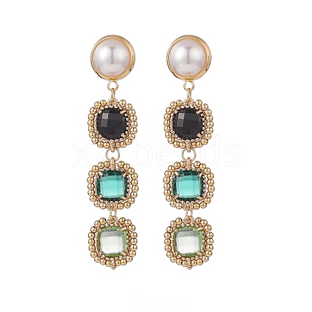 Glass Rectangle Beaded Long Dangle Stud Earrings with Imitation Pearl EJEW-TA00141-01-1