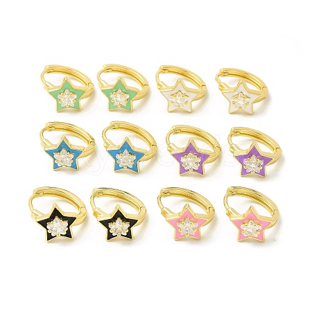 Enamel Star Hoop Earrings with Clear Cubic Zirconia EJEW-E270-02G-1