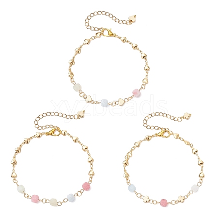 3Pcs Natural Morganite & Brass Beads Link Chain Bracelets for Women BJEW-JB12595-1
