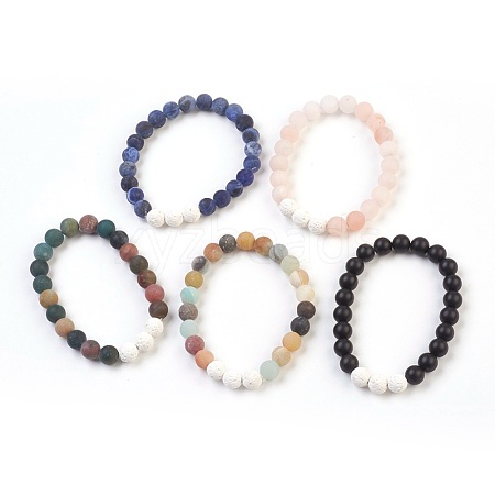 Natural Gemstone and Natural Dyed Lava Rock Stretch Bracelets Sets BJEW-JB03798-1