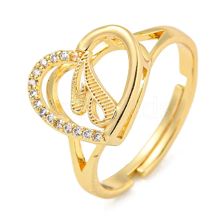 Heart with Letter Rack Plating Brass Micro Pave Cubic Zirconia Adjustable Rings for Women RJEW-I105-06G-T-1