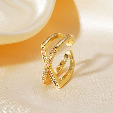 Hip-hop Style X-shaped Brass Micro Pave Clear Cubic Zirconia Cuff Rings for Women DB5338-2-1