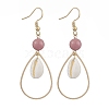 Brass with Natural Cowrie Shell with Natural Rhodonite Dangle Earring EJEW-JE06053-1