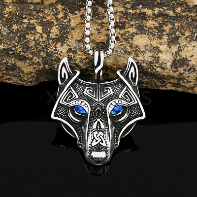 304 Stainless Steel Rhinestone Viking Wolf Head Pendant Necklaces FS-WGCFA8E-01-1