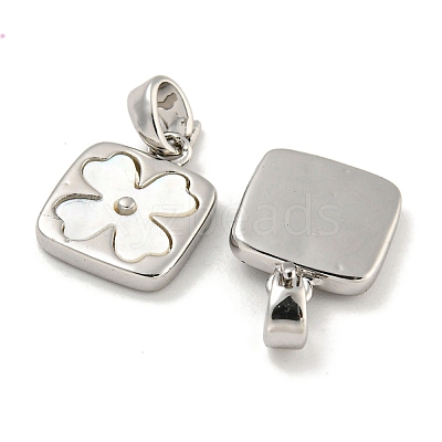 Natural Shell & Brass Square with Flower Charms with Snap on Bails KK-P275-05P-1