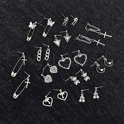12 Pairs 12 Styles Cherry & Triangle & Eye & Bear & Zipper Buckle Alloy Dangle Stud Earrings for Women EJEW-AN0003-10-1
