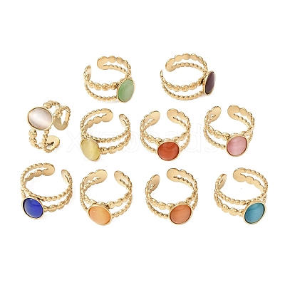 304 Stainless Steel with Glass Cat Eye Cuff Rings for Women RJEW-K309-40A-1