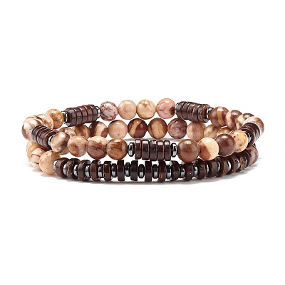 Natural Zebra Jasper & Synthetic Non-magnetic Hematite Beads Energy Stretch Bracelets Set BJEW-JB07142-02-1