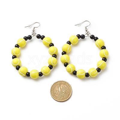Sport Theme Acrylic Round Beaded Dangle Earrings EJEW-JE04978-1