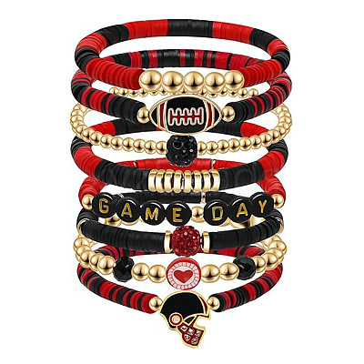 7Pcs Rugby Polymer Clay Heishi & CCB Plastic Beaded Stretch Bracelets Set FS-WGC7825-08-1