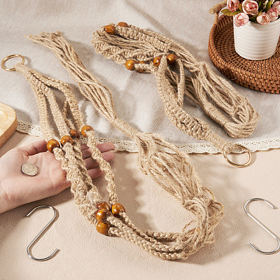 2Pcs Handmade Macrame Polyester with Wood Bead Plant Hanger AJEW-HS0001-47B-1