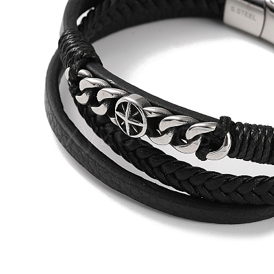 Men's Braided Black PU Leather Cord Multi-Strand Bracelets BJEW-K243-04AS-1
