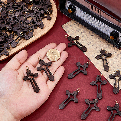 50Pcs Cross Wood Pendants PALLOY-FH00175-1