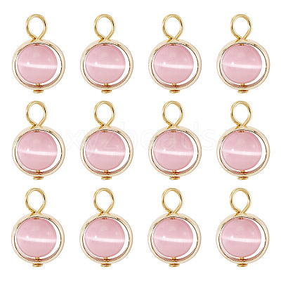 12Pcs Brass & Glass Imitation Cat Eye Round Charms PALLOY-TAC0237-04-1
