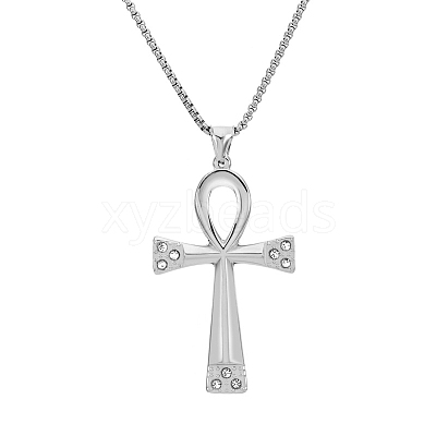Stainless Steel Crysstal Rhinestone Ankh Cross Pendant Box Chain Necklaces for Men PW-WG356EF-01-1