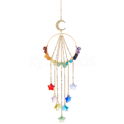 Chakra Natural & Synthetic Gemstone Chips & Brass Ring Hanging Suncatchers HJEW-BM00074-1