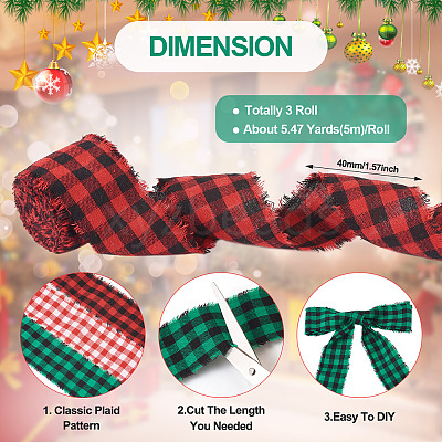 3 Rolls 3 Colors Tartan Cotton Linen Frayed Ribbon OCOR-TAC0035-11A-1