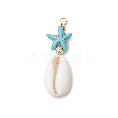 Cowrie Shell & Synthetic Turquoise Starfish Pendants PALLOY-JF03407-01-1