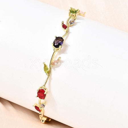 Leaf Brass Micro Pave Cubic Zirconia Link Chain Bracelets for Women BJEW-D455-01G-07-1
