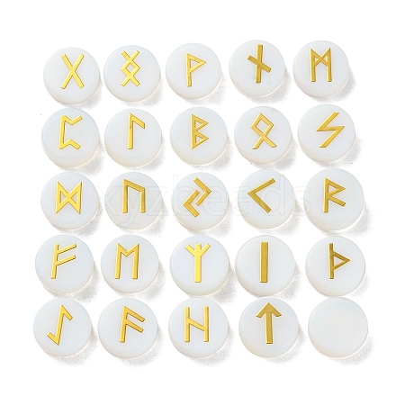 Brass Elder Futhark Alphabet Engraved Symbol Flat Round Opalite Rune Stones G-I373-01O-1