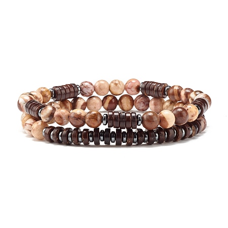 Natural Zebra Jasper & Synthetic Non-magnetic Hematite Beads Energy Stretch Bracelets Set BJEW-JB07142-02-1