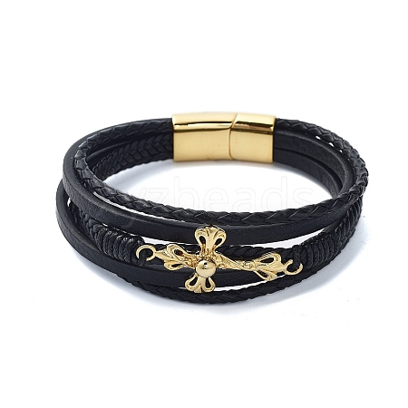 Men's Black PU Leather Cord Multi-Strand Bracelets BJEW-K243-44G-1