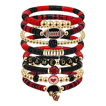 7Pcs Rugby Polymer Clay Heishi & CCB Plastic Beaded Stretch Bracelets Set FS-WGC7825-08-1