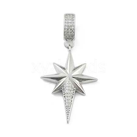 Brass Micro Pave Clear Cubic Zirconia Star European Dangle Charms KK-Z090-03P-1