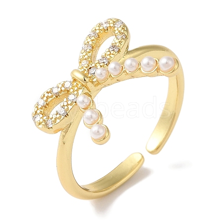 Bowknot Brass Micro Pave Clear Cubic Zirconia Open Cuff Rings for Women RJEW-C098-06G-1