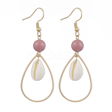 Brass with Natural Cowrie Shell with Natural Rhodonite Dangle Earring EJEW-JE06053-1