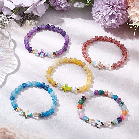 5Pcs Synthetic Moonstone & Frosted Natural Weathered Agate Beads Stretch Bracelets for Women BJEW-JB11333-1