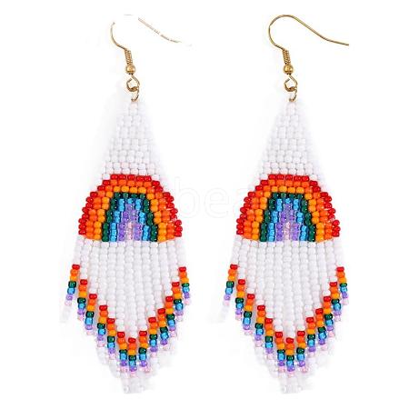 Bohemian Handwoven Rainbow Glass Beaded Tassel Dangle Earrings SB3290-1