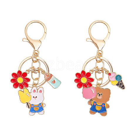 Globleland 2Pcs 2 Style Cute Cotton Candy Theme Bear/Rabbit Alloy Enamel Pendant Keychain with Ice Cream and Flower Charm KEYC-GL0001-04-1