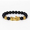 Golden Plated Alloy Pi Xiu 8MM Natural Black Onyx(Dyed & Heated) Round Beaded Stretch Bracelet for Men QJ0349-1-1