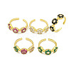 Rack Plating Brass Micro Pave Cubic Zirconia Flower Open Cuff Rings for Women RJEW-F162-04G-1