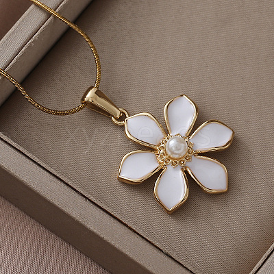 304 Stainless Steel Enamel with Imitation Pearl Cherry Blossom Flower Pendant Necklaces for Women RN9489-1