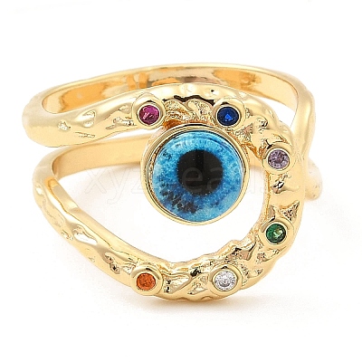 Resin Evil Eye Open Cuff Ring with Cubic Zirconia RJEW-E069-02G-1